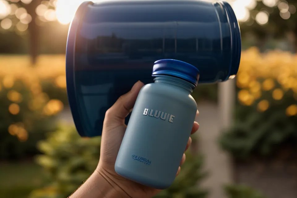 A man's hand holding a blue Protoflow blood flow supplement bottle outside before a morning walk