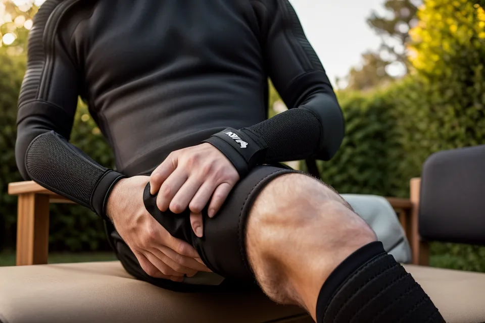 Man adjusting a neoprene knee sleeve before a hike, an example of joint support hiking gear for knee health after 50.