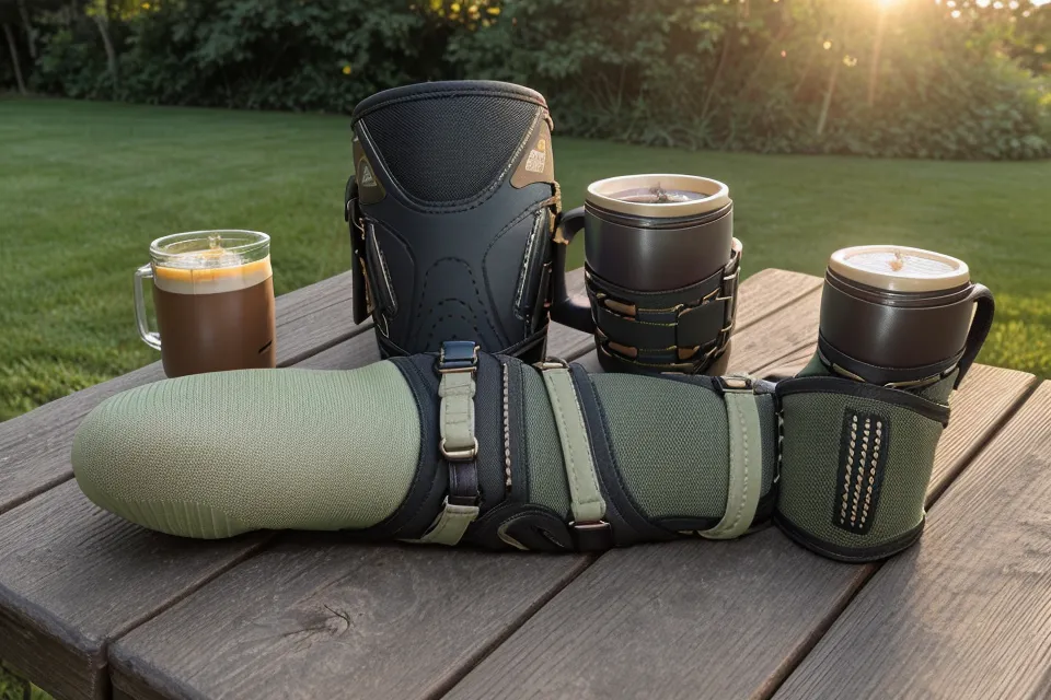 Supplement bottle and knee brace on a mudroom bench with a golden retriever, part of a men's wellness over 50 recovery routine.