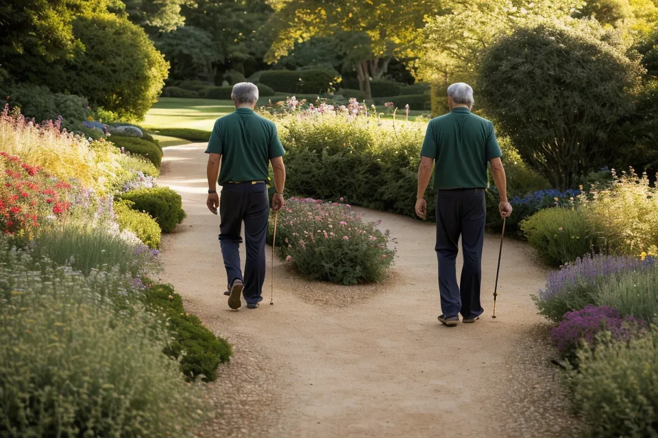 A man over 50 taking a slow walk with his golden retriever in the backyard to ease lower back pain after yard work