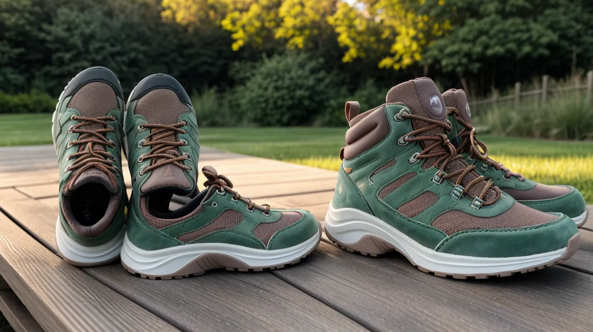 Best walking shoes for older men with bad knees and dogs, a pair of stable-soled walking shoes on a Denver sidewalk