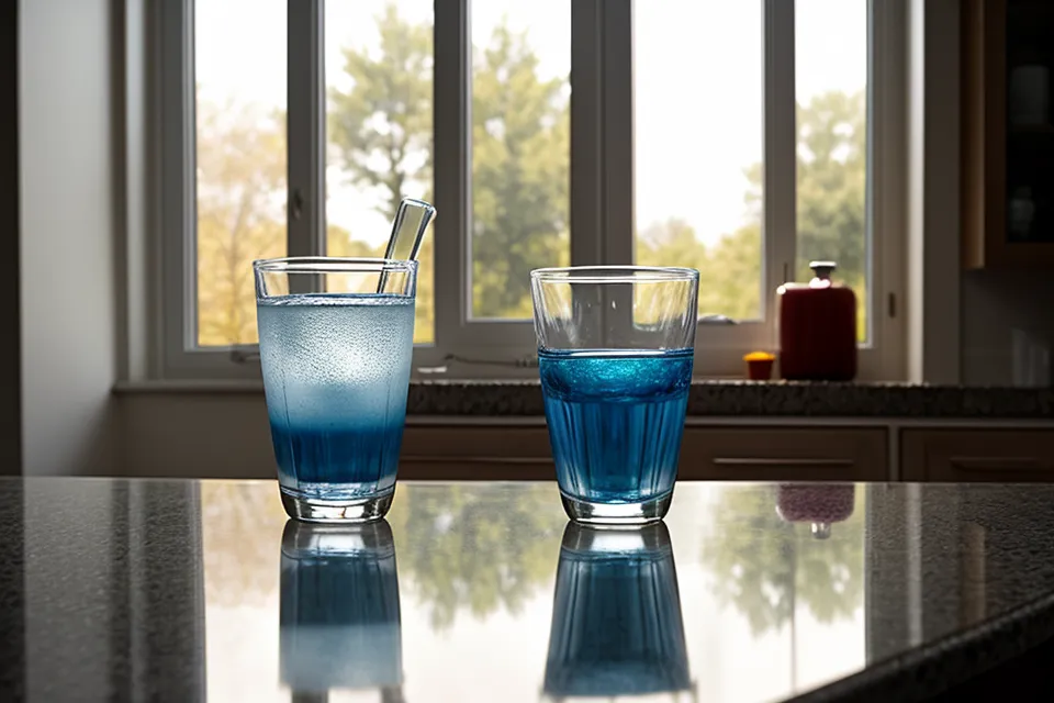 Protoflow bottle and a glass of water on a sunny kitchen counter, part of a men's active-aging morning routine