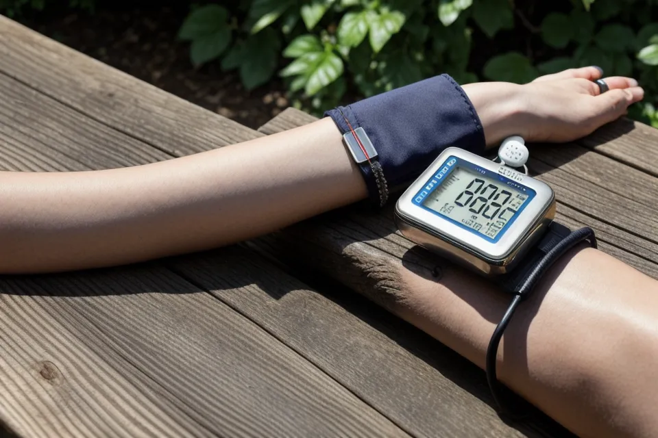 Blood pressure monitor and heart-healthy food on a table, part of a preventive care routine for men over 50