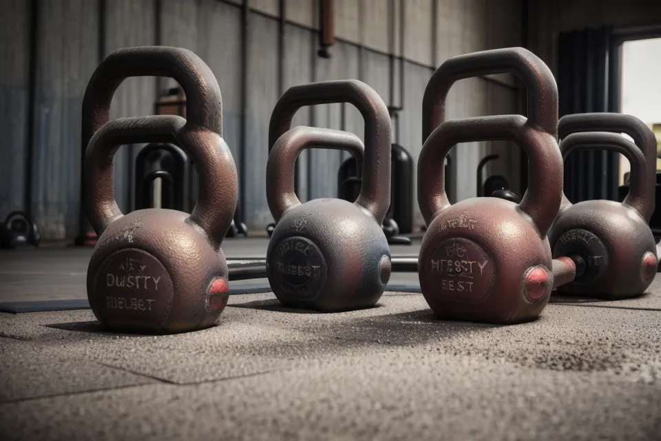 Dusty kettlebells in a garage from a stalled men's wellness after 50 workout attempt