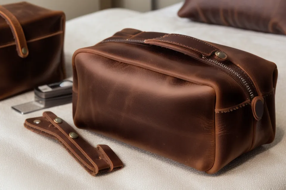 Travel dopp kit packed with supplement-testing bottles for sleep quality and prostate health on the road