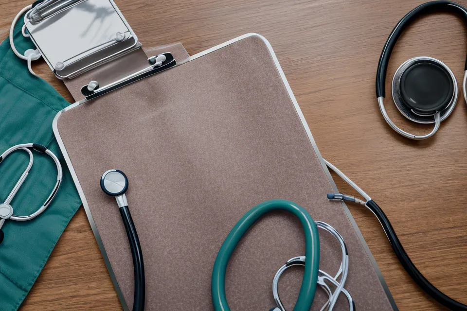 Medical clipboard and stethoscope on a table at a men's health checkup for over-50 wellness
