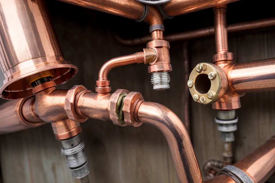 Close-up of 1/2-inch copper pipe plumbing under a sink during a home maintenance repair