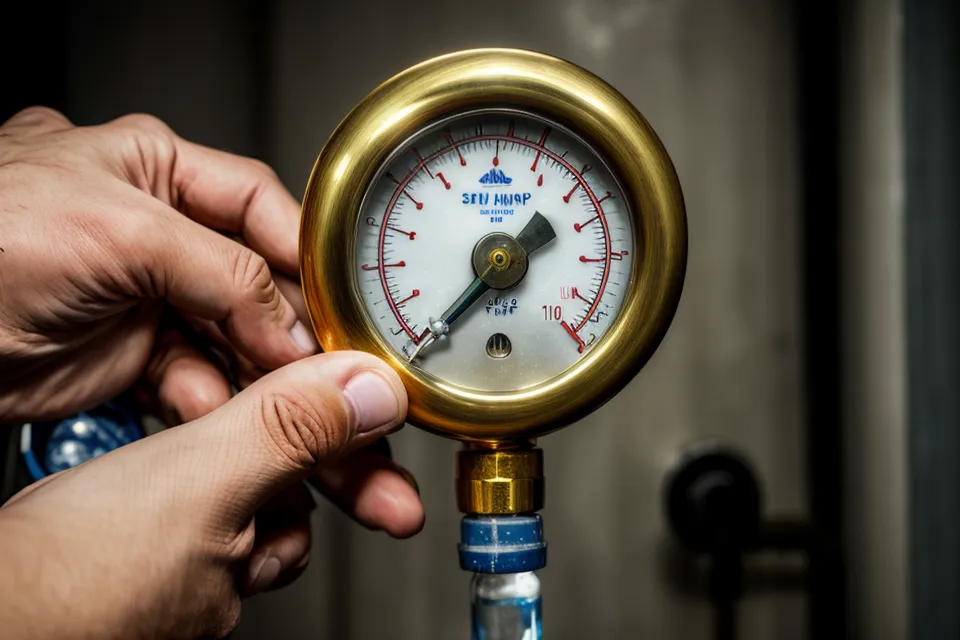 A hand adjusting a water pressure gauge to 50 psi during a basement home maintenance repair