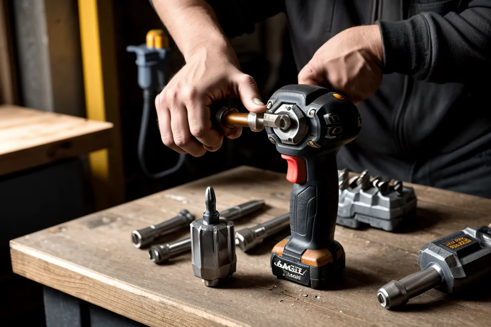 Man reaching for an impact driver in a garage workshop while testing a prostate-health and energy supplement