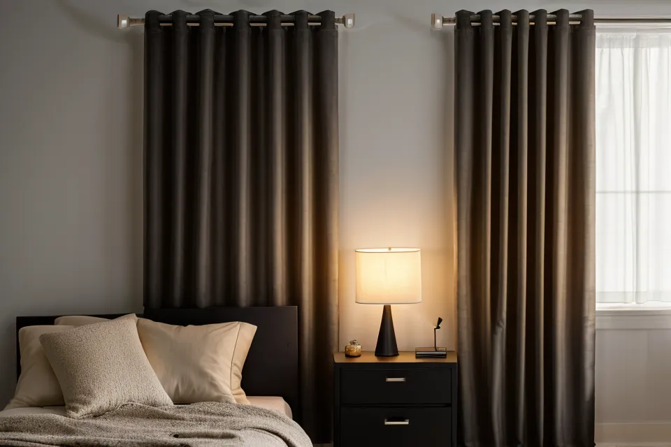 Blackout curtains in a men's bedroom setup, tested as part of a sleep hygiene routine for guys over fifty