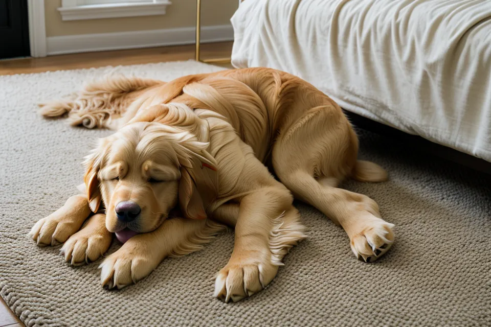 Golden retriever asleep at the foot of the bed in a calm bedroom setup designed for better sleep after fifty