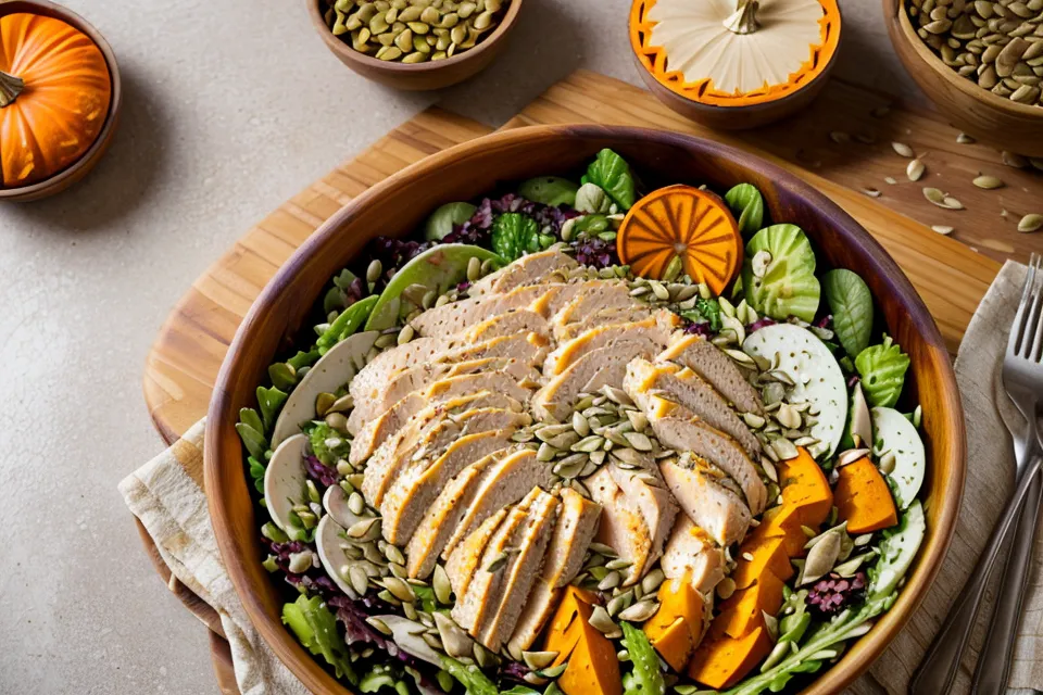 A high-protein lunch salad with chicken and seeds on a patio, a whole-foods way to get protein at midday