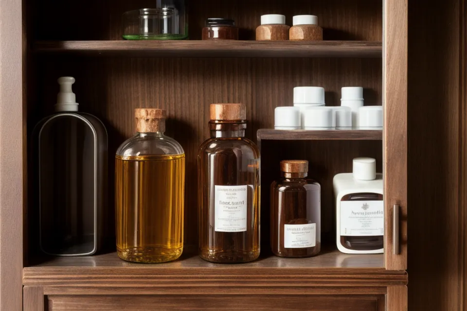 A neatly organized supplement cabinet shelf holding prostate health and bladder control products for men over 50