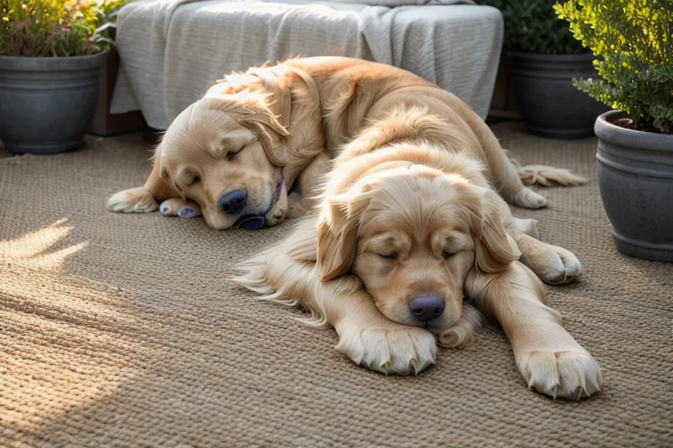 A golden retriever sleeping soundly through the night, unlike his sleep-deprived owner researching bladder control after 50