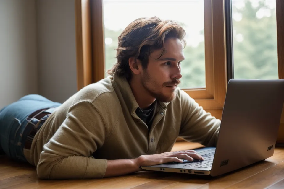 Man over 50 trying to focus at his laptop while his golden retriever waits for attention, a familiar sign of work fatigue
