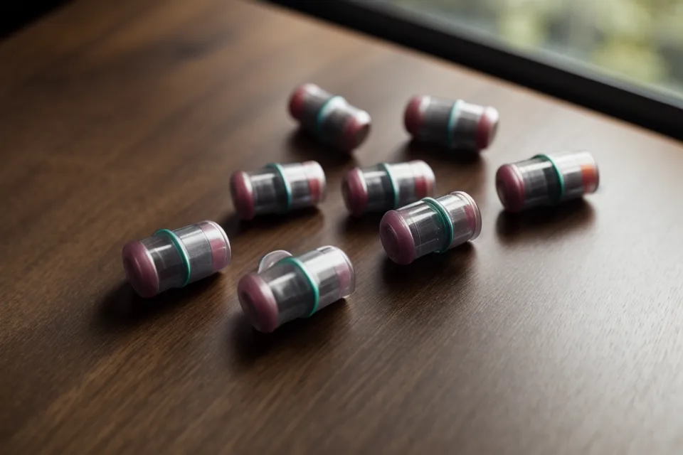 Supplement capsules on a wooden coaster in a bright kitchen, part of a fatigue management routine for men over 50