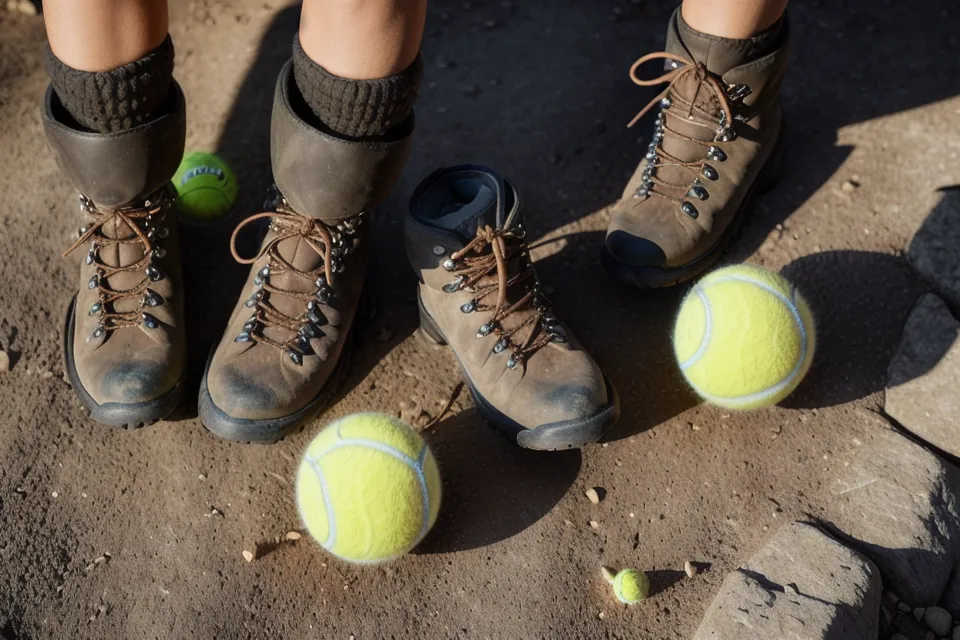 Hiking boots and a dog's tennis ball on a backyard patio, a small sign of better fatigue management after 50