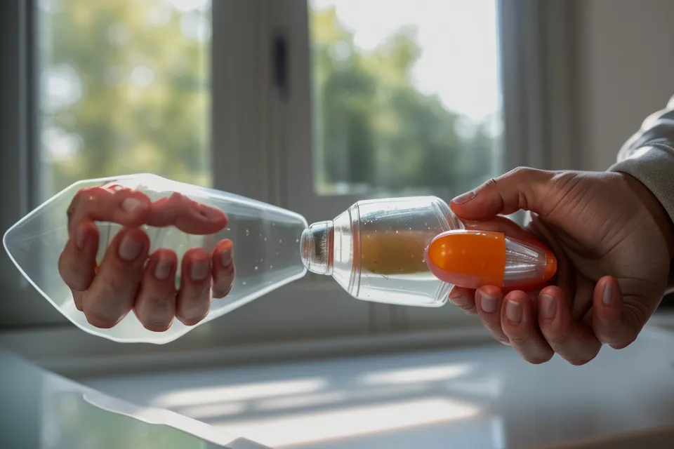 A man holding a supplement capsule in a sunny kitchen while comparing capsule and prostate health supplement formats.