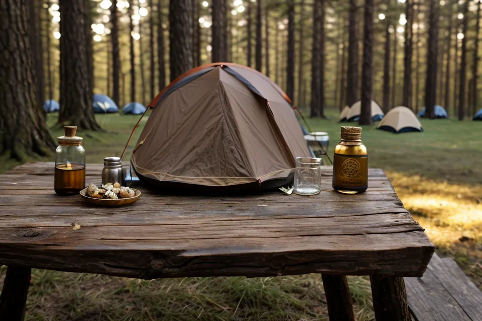 Supplement bottle on a wooden table at a forest campsite, testing portable supplement formats outdoors.