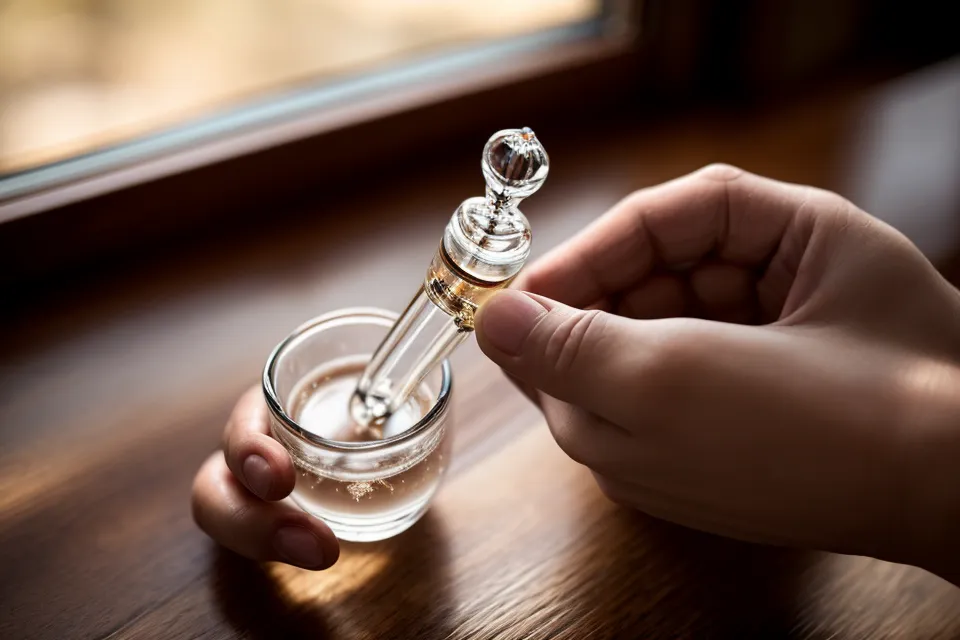 Measuring a Prostadine dropper dose into morning coffee as part of a bladder-support supplement routine