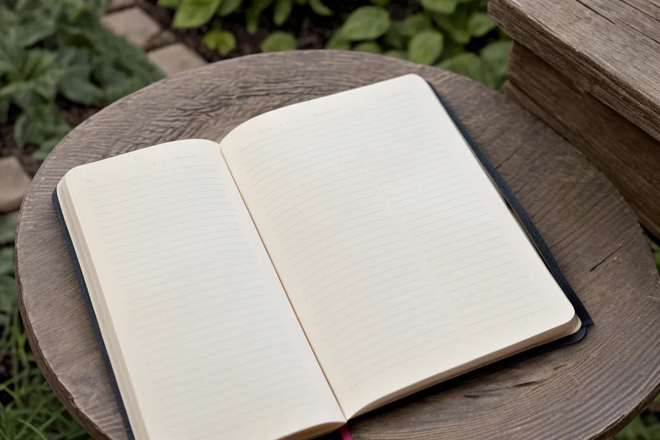 Notebook and reading glasses used to track a men's-health-over-50 supplement routine on a patio table