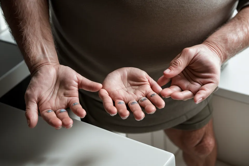 Man's hand holding Protoflow capsules, a prostate support supplement, before his morning men's health routine