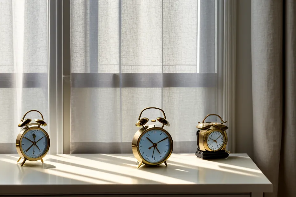 Supplement bottle beside an alarm clock at sunrise, part of a men-over-50 nighttime routine comparison