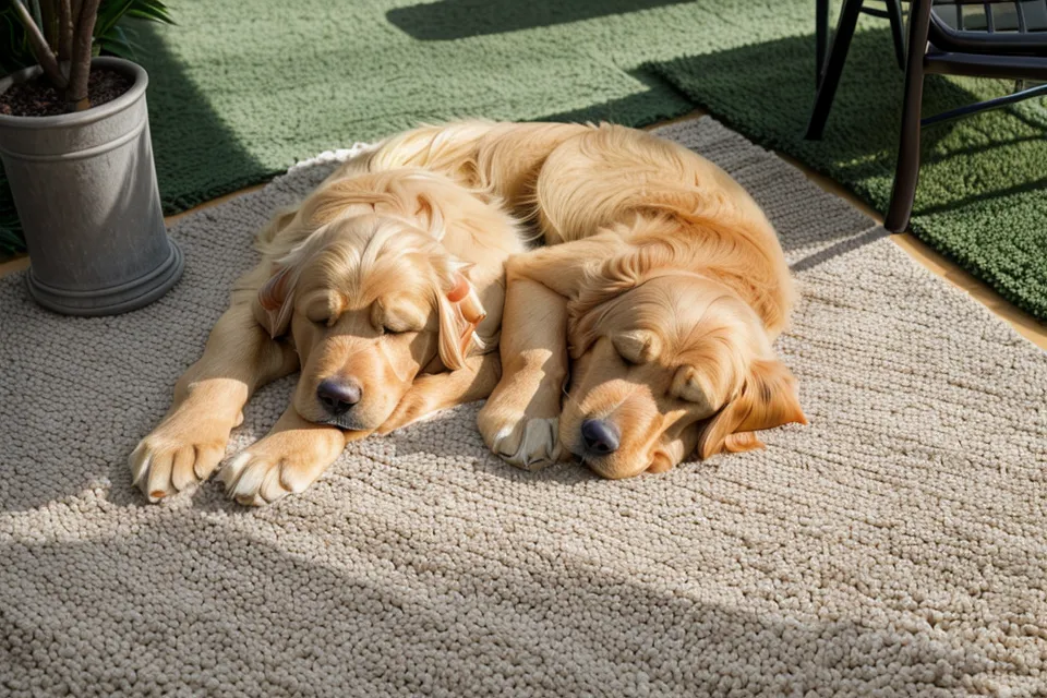 Golden retriever sleeping soundly through the night, a contrast to a man's disrupted sleep quality