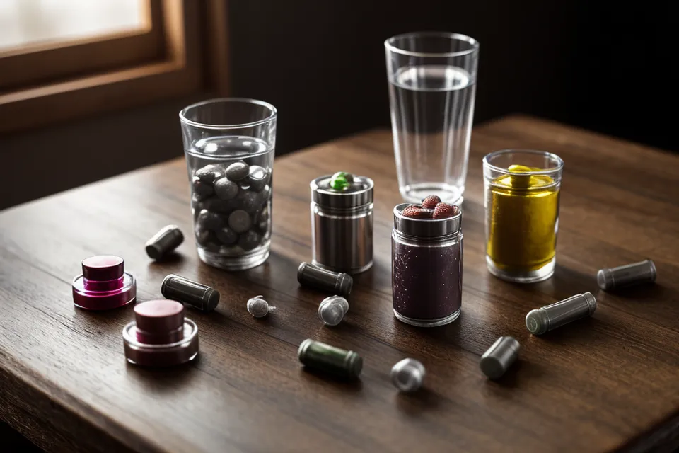 Close-up of prostate support supplements and water on a nightstand.