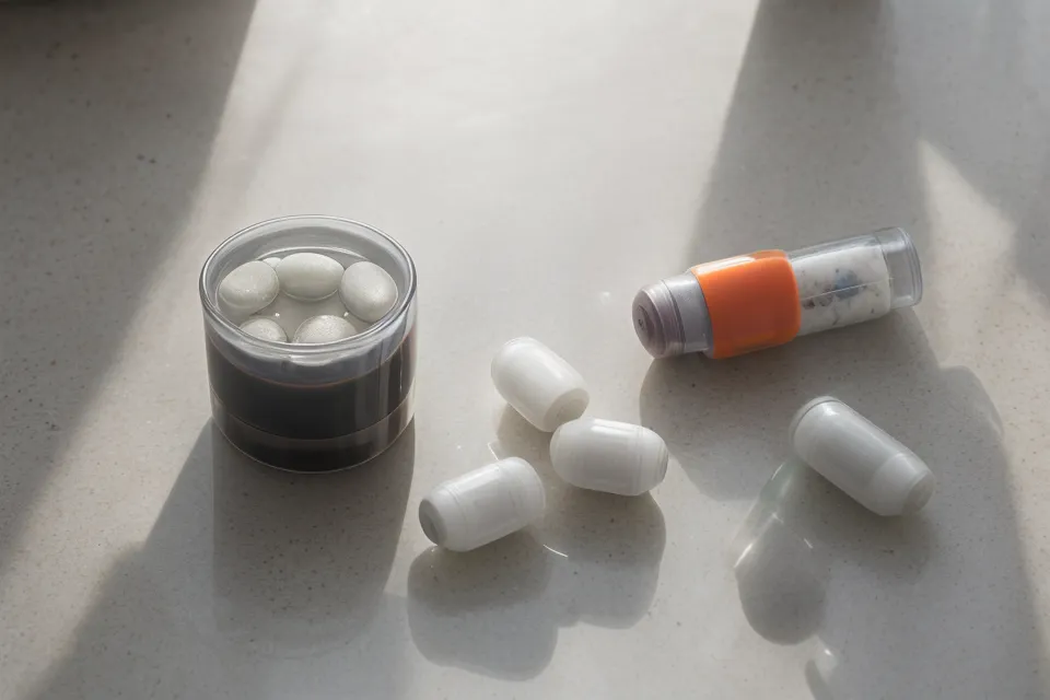 Protoflow capsule and glass of water beside coffee during a men's morning supplement routine