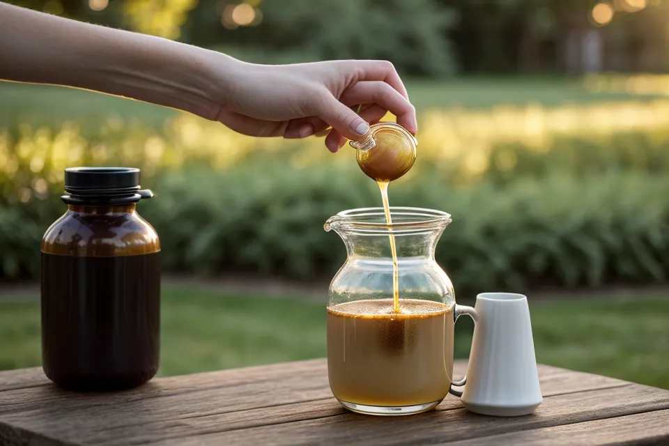 Pouring ProstaVive liquid drops into morning coffee as part of a men's wellness over 50 supplement routine