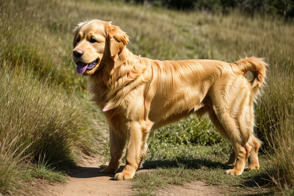 A golden retriever glancing back at its owner on a trail near Denver, Colorado, mid-hike